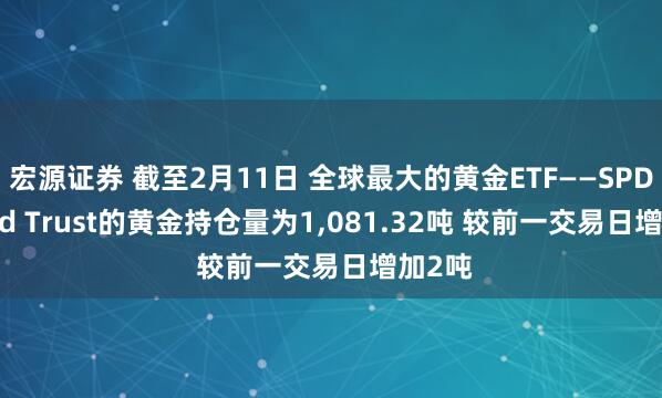 宏源证券 截至2月11日 全球最大的黄金ETF——SPDR Gold Trust的黄金持仓量为1,081.32吨 较前一交易日增加2吨